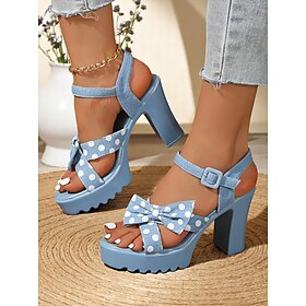 Women's Light Blue Polka Dot High Heel Sandals with Bows  Retro Chunky Platform Summer Shoes for Parties, Dates, and Vacation Outfits