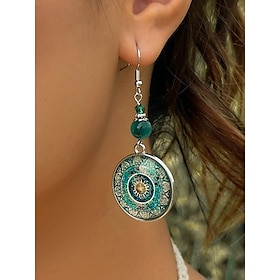 Women's Boho Mandala Dangle Earrings  Vintage Glass Dome with Green Beads, Artistic Ethnic Jewelry for Festivals, Travel and Everyday Wear