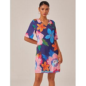 Women's Satin Mini Dress V Neck Half Sleeve Floral Print Straight Fit Slimming Elastic Back Casual Daily Elegant Vacation Dress