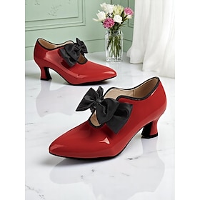 Women's Red Patent Leather Low Heel Shoes  Vintage 1920s Style Pointed Toe Pumps with Black Bow for Tea Party, Wedding, and Retro Events