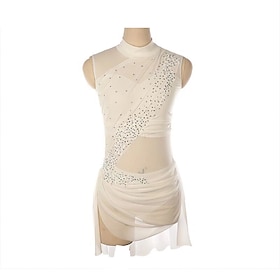 Figure Skating Dress Women's Girls' Ice Skating Dress White Patchwork Thumbhole Mesh Spandex Stretchy Training Practice Professional Skating Wear Thermal Warm