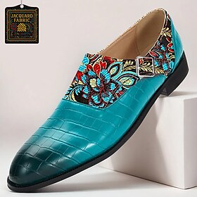 Men's Teal Jacquard Fabric Loafers with Embroidered Floral Design  Stylish Slip-On Casual Shoes for Daily Wear, Work or Casual Outings