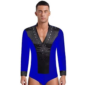 Mens Latin Dance Leotard Shirt Top Figure Skating Costume V Neck Long Sleeve Satin Bodysuit Ballroom Shirts