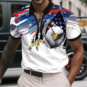 2026 250th Men's American US Flag Eagle Zip Polo Short Sleeve Polo Shirts Turndown Casual Daily Casual Zip Up 3D Print Summer Blue