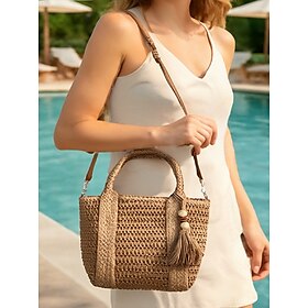 Women's Bohemian Woven Tote Bag with Tassels and Wooden Beads - Comes with an adjustable shoulder strap, can be worn on one shoulder or crossbody, suitable for