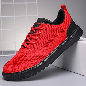 Men's Red Mesh Knit Running Sneakers with Non-Slip Outsole  Lightweight Breathable Athletic Shoes for Walking, Gym  Travel and Everyday Comfort