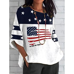 Women's Patriotic Summer Tops Graphic Flag Vintage Casual 3/4 Length Sleeve Crew Neck Regular Tops Daily Print White Summer Spring
