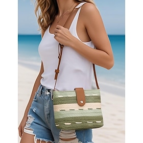 Women's Striped Colorblock Woven Straw Tote Bag with Brown Leather Shoulder Strap, Stylish Bohemian Crossbody Bag, Perfect for the Beach, Casual Outings and Su