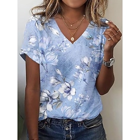 Women's T Shirt Print Floral Graphic Plants Vintage Stylish Casual Short Sleeve V Neck Regular Tops Daily Blue Pink Summer Spring