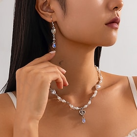 Bridal Jewelry Sets Two-piece Suit Imitation Pearl 1 Necklace Earrings Women's Elegant Fashion Simple Lovely Beads Heart Love Circle Jewelry Set For Wedding Bi