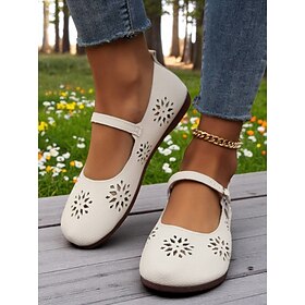 Women's Comfort Mary Jane Wide-Toe Flats with Floral Cutouts  Soft Sole Casual Barefoot Shoes for Ladies  Great for Brunch, Farmers Markets and Outdoor Leisu
