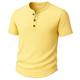 Men's Waffle Henley Shirt Tee Short Sleeve Solid Color Plain Fashion Designer Casual Buttons Color Block Henley Outdoor Casual Daily Summer All Seasons Yellow