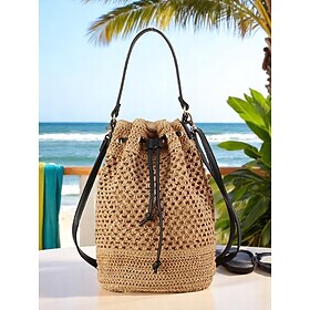 Women's Woven Drawstring Bucket Bag - Stylish Summer Tote with Leather Straps, Perfect for Beach, Travel and Casual Outings