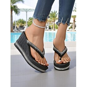 Women's Rhinestone Platform Flip Flop Sandals – Glitter Wedge Beach Shoes for Summer Vacation, Poolside, and Casual Outings