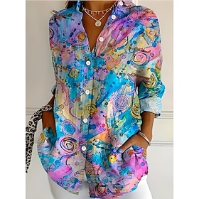 Women's Shirt Linen Like Breathable Lightweight Button Down Tunic Shirt Collar Long Sleeve Ombre Floral Graphic Bohemia Active Daily Work Daily s Print White P