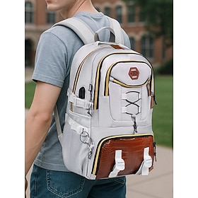 Men's Large Capacity USB Charging Backpack with Shoe Compartment, Water-Resistant Oxford School Bag for College Students and Outdoor Travel