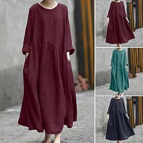 Women's Midi Dress Linen-feel Dresses Kaftan Dress Classic Modern Outdoor Vacation Holiday Regular Fit Plain Long Sleeve Crew Neck Black Red Green Summer