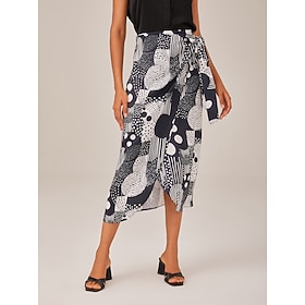 Damen Weiblich Midi Satin Schwarz Röcke Sommer Hohe Taille Elegant Bohemien Lässig XS S M: retailer-supplied image