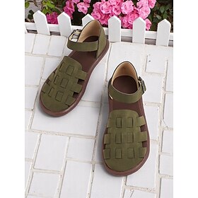 Women's Green Faux Leather Fisherman Shoes with Ankle Strap  Vintage Casual Flats for Garden, Patio and Summer Errands