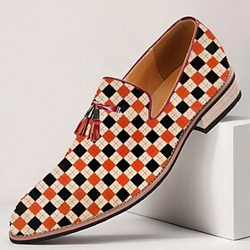 Men's Loafers Orange and White Checkered Leather Slip-On Shoes with Tassel Detail for Smart-Casual and Party Wear