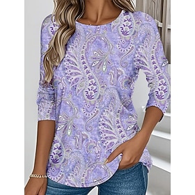 Women's T shirt Long Sleeve Crew Neck Long Sleeve Tunic Floral Graphic Paisley Vintage Stylish Classic Regular Tops Daily Weekend Print Pink Blue Purple  Prefa