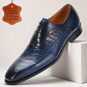 Men's Premium Navy Blue Crocodile Leather Lace-Up Dress Shoes for Exclusive Weddings, Galas and Formal Occasions