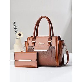 Women's Patent Faux Leather Handbag Set  Glossy Structured Top-Handle Bag with Wallet, Elegant Crocodile Pattern, for Office, Business and Formal Events