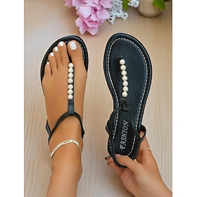 Women's Black Pearl T-Strap Flat Sandals  Elegant Summer Open Toe Shoes for Beach Weddings  Casual Outings