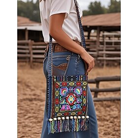 Women's Colorful Boho Embroidered Fringe Crossbody Bag  Ethnic Tribal Canvas Shoulder Purse with Tassels and Wooden Beads for Festivals, Travel and Casual Out