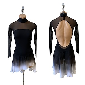 Figure Skating Dress Women's Girls' Ice Skating Dress Black Light Grey Patchwork Open Back Mesh High Elasticity Training Competition Skating Wear Classic Cryst