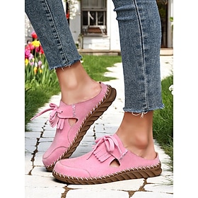 Women's Mules Handmade Shoes Soft Shoes Comfort Shoes Daily Travel Mother's Day Tassel Flat Heel Round Toe Casual Comfort Minimalism Microbial Leather Pink Blu