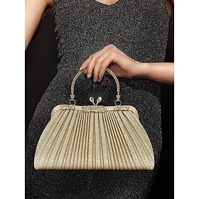 Women's Glitter Pleated Evening Clutch Purse with Vintage Gold Handle  Elegant Formal Handbag for Weddings, Parties and Cocktail Events