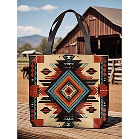 Women's Large Printed Tote Bag with Zipper Pocket, Bohemian Tribal Pattern, Durable Polyester Shoulder Bag for Travel, Shopping and Daily Use