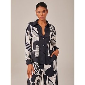 Damen Weiblich Durchgeknöpft Hemd Freizeithemd Abstrakt Abstrakte Kunst Lässig Bischofsärmel Schwarz Knöpfe Langarm…: retailer-supplied image