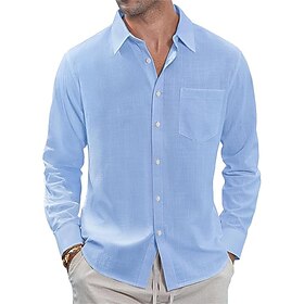 Men's Shirt Linen Shirt Casual Shirt Button Up Shirt Cotton Shirt Plain Vacation Hawaiian White Navy Blue Sky Blue Khaki Long Sleeve Lapel Spring Fall Clothing