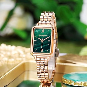 PODEAGAR Women's Quartz Watch, Elegant Green Rectangular Dial Analog Wristwatch with Rose Gold Tone Stainless Steel Bracelet, Minimalist Luxury Fashion Dress W