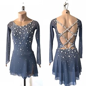 Figure Skating Dress Women's Girls' Ice Skating Dress Navy White Pink Patchwork Open Back Mesh High Elasticity Training Competition Skating Wear Classic Crysta