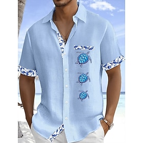Men's Shirt Linen Shirt Summer Shirt Beach Shirt Button Up Shirt Turtle Vacation Holiday White Pink Sky Blue Green Short Sleeve Turndown Summer Clothing Appare