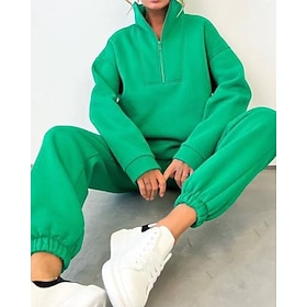 Women's Tracksuit Sweatpants Pullover Sweatshirt Zipper Pocket Solid Colored Clothing Suit Fall Black Yellow Spandex Workout Athleisure Running Thermal Warm Wi