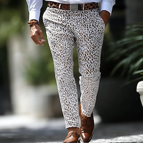 Men's Leopard Print Dress Pants Trousers Suit Pants Mid Waist Vintage Retro Vacation Casual Regular Fit Flat-Front Straight Leg Pants with Pockets Summer Sprin