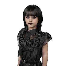 Perruque longue tressée avec frange, perruque tressée noire, perruques de costume d'Halloween pour filles et enfants