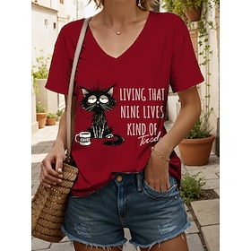 Women's T Shirt Print Graphic Animal Cat Vintage Stylish Classic Short Sleeve V Neck Regular Tops Daily Blue Black White Pink Red Summer Spring