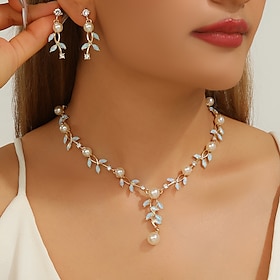 Bridal Jewelry Sets Two-piece Suit Zircon Imitation Pearl Rhinestone 1 Necklace Earrings Women's Elegant Stylish Simple Cute Beads Leaf Butterfly irregular Jew