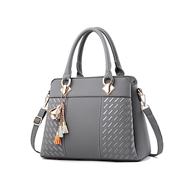 Women's Faux Leather Handbag with Tassel Charm and Textured Panels  Elegant Structured Shoulder Tote Bag for Office Work and Business Travel