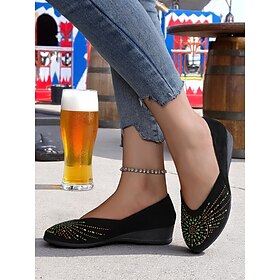 Women's Rhinestone Wedge Flats  Sparkly Comfort Shoes for Oktoberfest, Beer Garden Parties, and Festive Outdoor Events