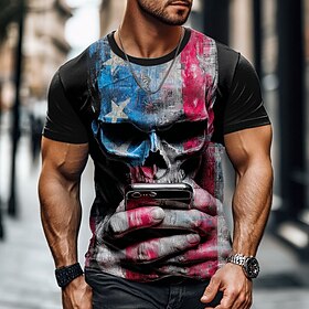 American Independence Day Men's Skull American US Flag T Shirt Short Sleeve T shirt 3D Print Crew Neck Shirt Fashion Daily Basic Street Casual Daily Black Summ