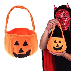 Halloween Pumpkin Treat Bag for Kids, Trick or Treat Candy Tote Bag, Non-Woven 3D Jack-O'-Lantern Gift Bag with Cartoon Ghost Face, Halloween Party Favor for B