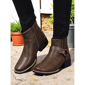 Women's Ankle Boots with Side Zipper and Strap Detail, Faux Leather, Western Style Work Shoes for Outdoor Farm Chores, Harvest Festival and Daily Wear