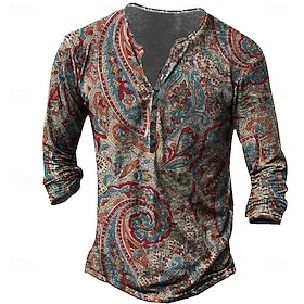 OUKU Men's T shirt Tee Henley Shirt Tee Graphic Tribal Henley Yellow Red Blue 3D Print Plus Size Outdoor Daily Long Sleeve Button-Down Print Clothing Apparel D