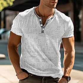 Men's Graphic Waffle Henley Shirt Short Sleeve 3D Print Fashion Designer Basic Outdoor Daily Summer White Blue Brown Henley Henley T-Shirt